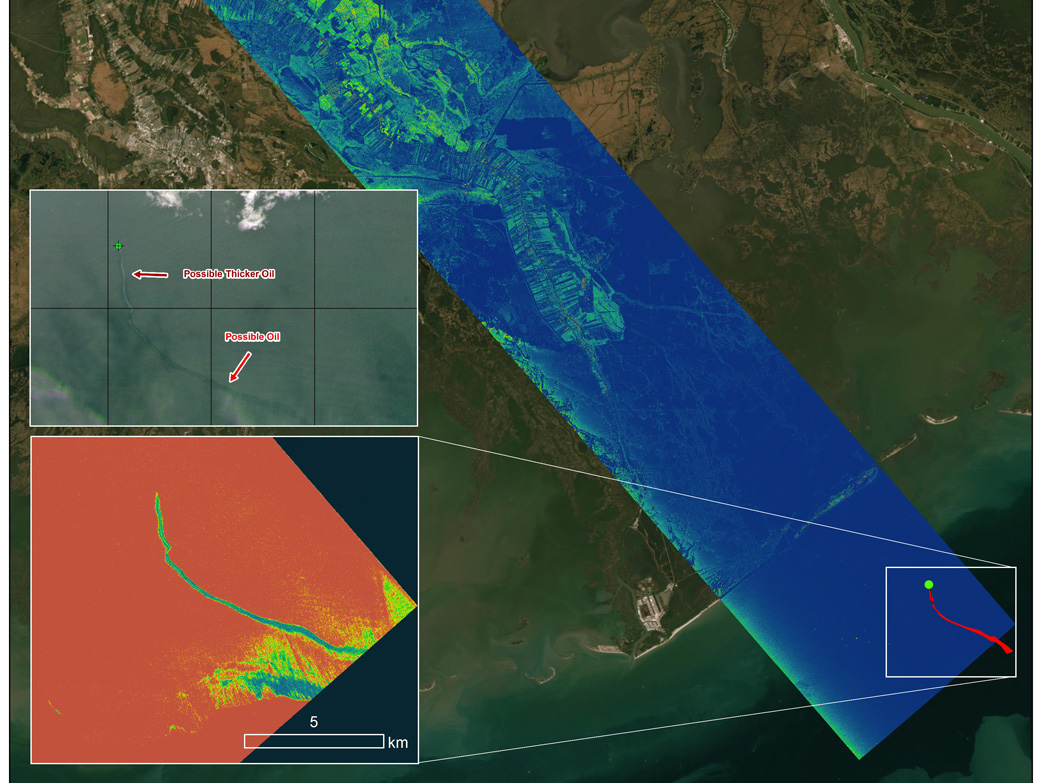 A radar instrument flown by the Delta-X mission captured data on an oil slick (bottom inset image) off the coast of Port Fourchon, Louisiana, on Sept. 1.