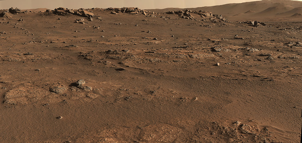 Perseverance Mars rover used its Mastcam-Z camera system to create this enhanced-color panorama, which scientists used to look for rock-sampling sites. The panorama is stitched together from 70 individual images taken on July 28, 2021.