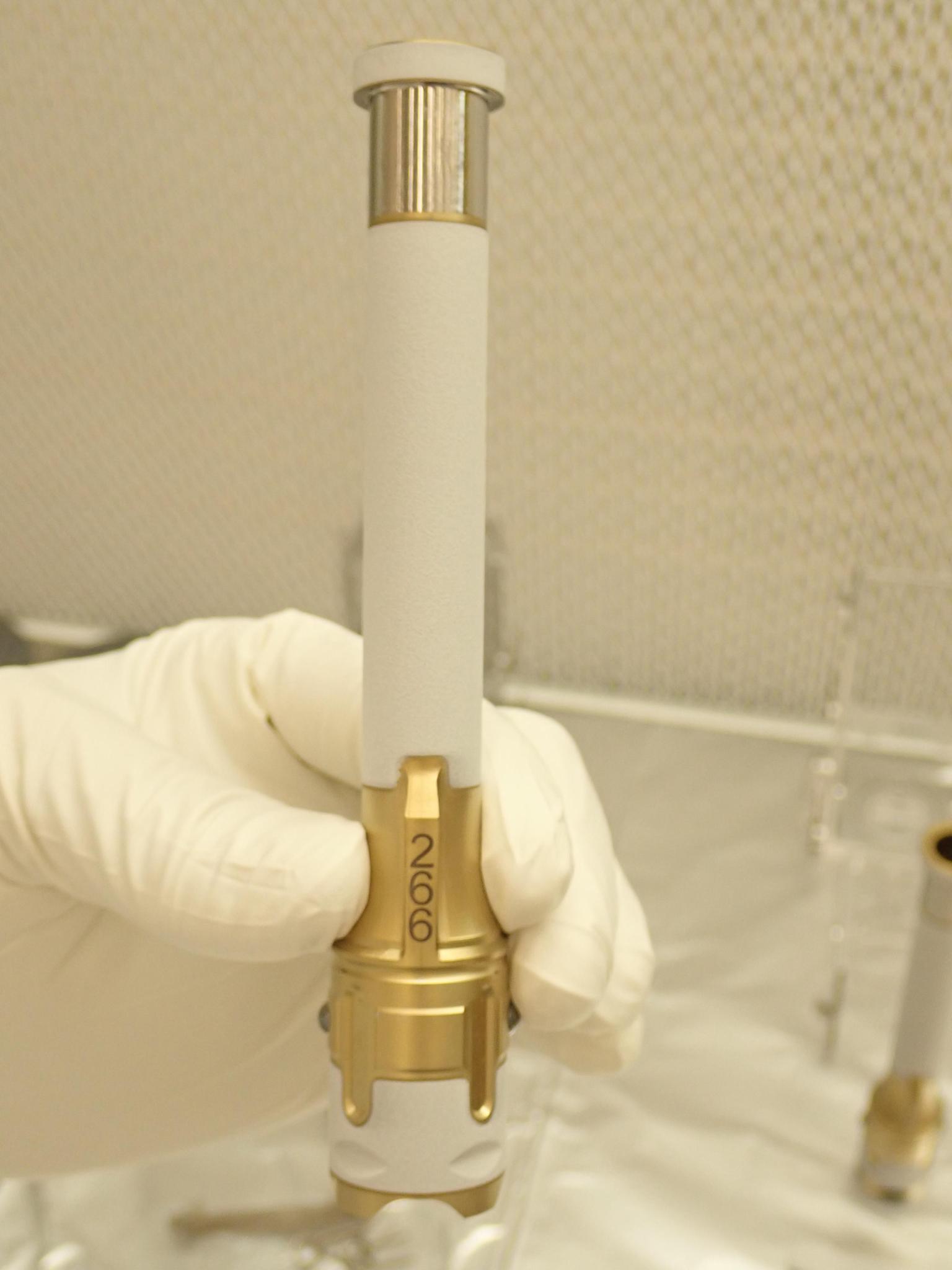 Sample tube number 266 was used to collect the first sample of Martian rock by NASA's Perseverance rover. The laser-etched serial number helps science team identify the tubes and their contents.