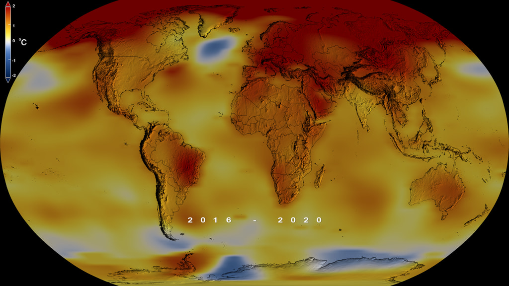 Flat global map showing the increase in global temperatures since the 1951-1980 average temperature.