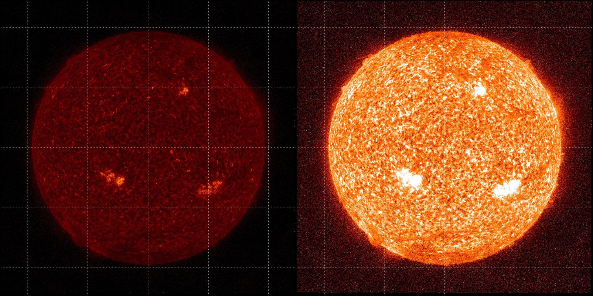Side-by-side images of the Sun showing effects of instrument degradation on image quality. The image on the left is shows a dark red orb, the Sun as visualized with an uncalibrated instrument. The image on the right shows a bright orange orb.