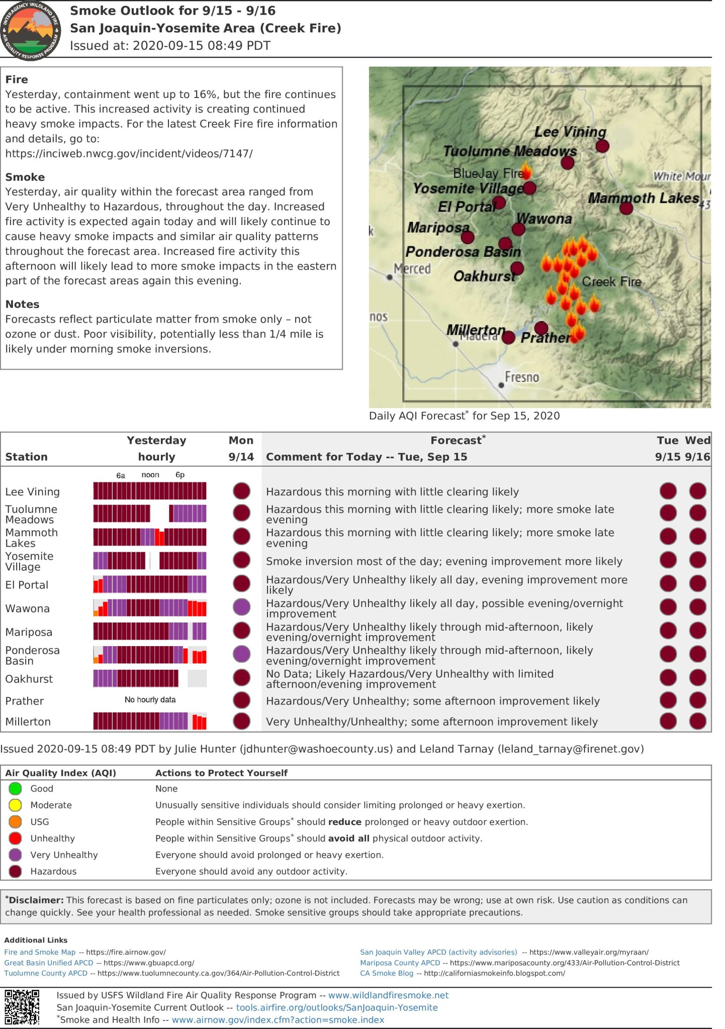Sample smoke outlook report, with a map and key indicating active fires and air quality.