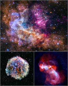 Three photos show star forming, a black hole, and a debris field left behind by an exploded star.