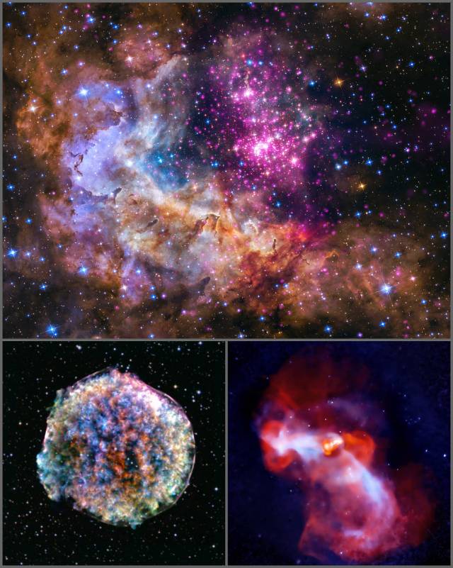 Three photos show star forming, a black hole, and a debris field left behind by an exploded star.