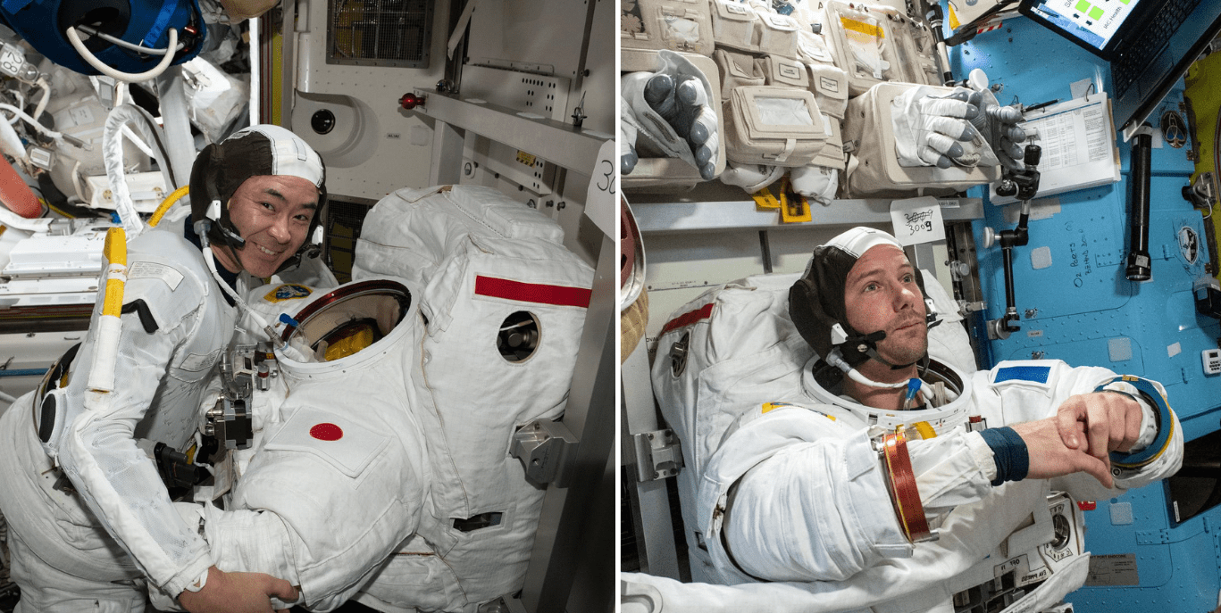 Astronaut Akihiko Hoshide, left, on Aug. 17, and  astronaut Thomas Pesquet on June. 10.