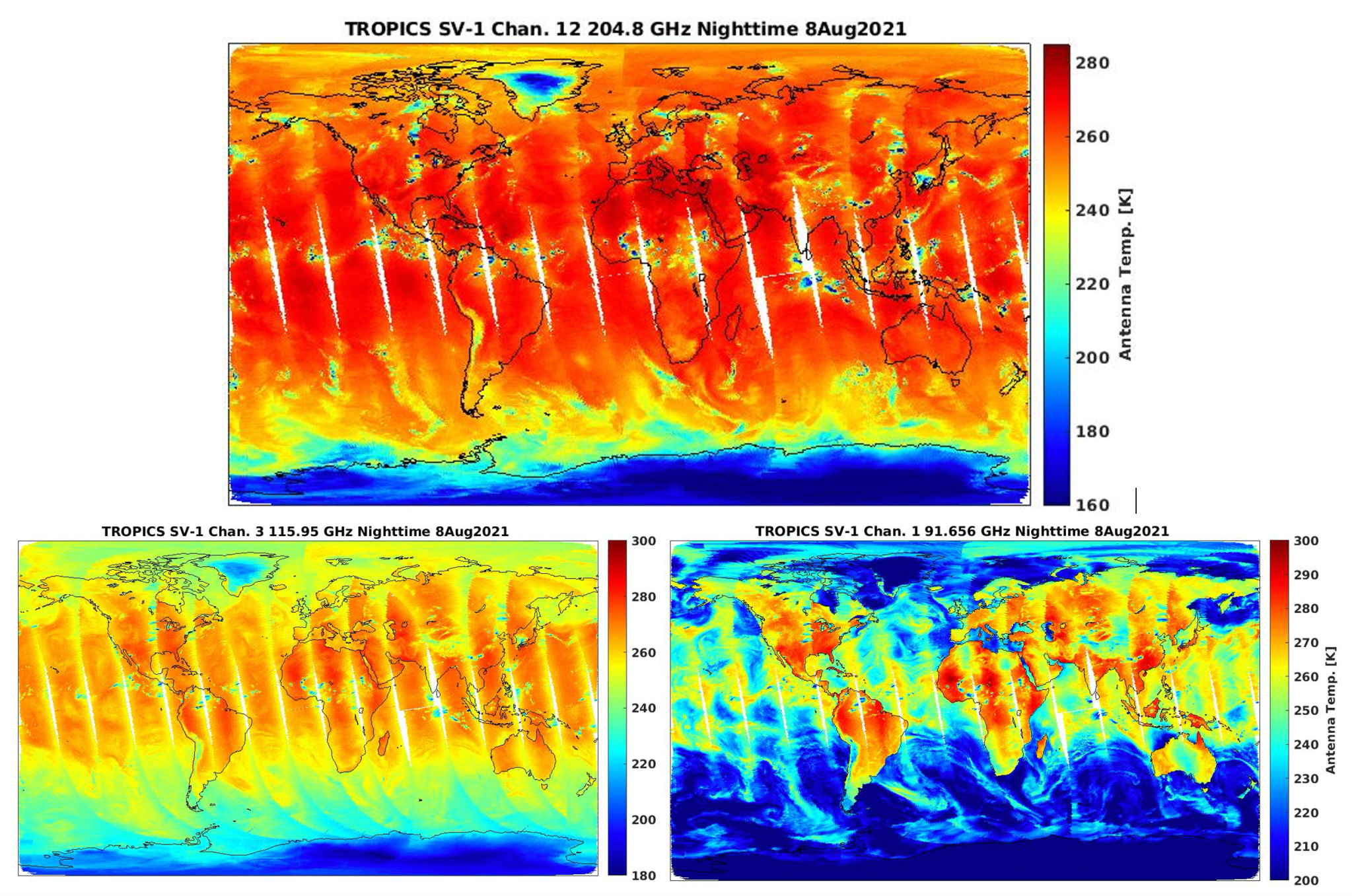 Three images produced by the TROPICS Pathfinder satellite using different frequencies.