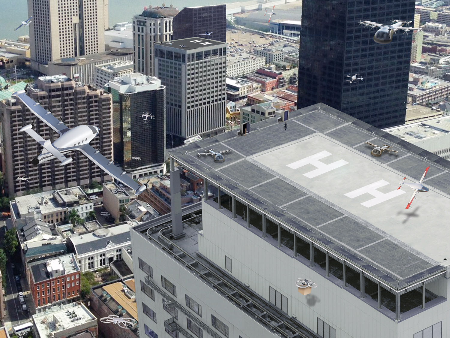 Artist's concept of various types of flying vehicles operating in an urban environment