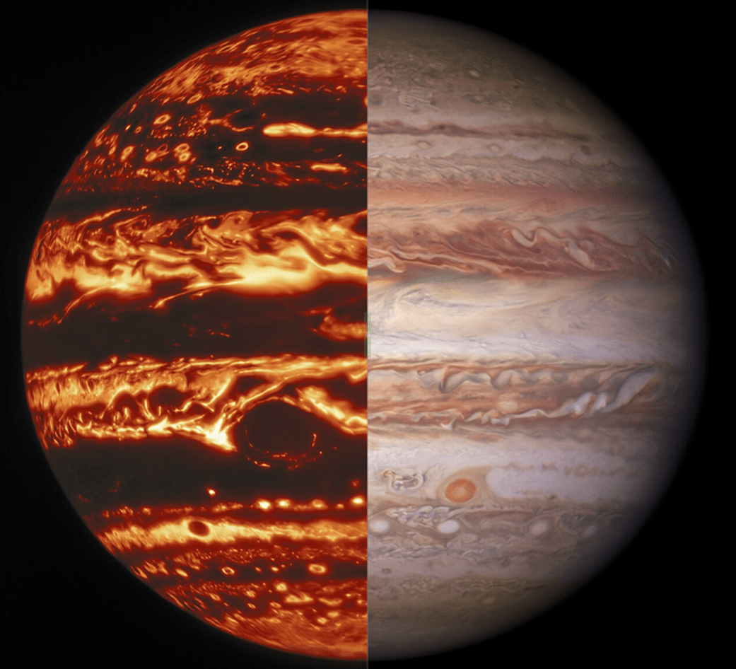 This illustration combines an image of Jupiter from the JunoCam instrument aboard NASA’s Juno spacecraft with a composite image of Earth to depict the size and depth of Jupiter’s Great Red Spot.