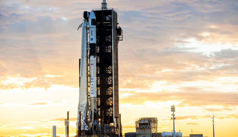 SpaceX's Falcon 9 rocket, with the Crew Dragon atop, at Kennedy Space Center's Launch Complex 39A.