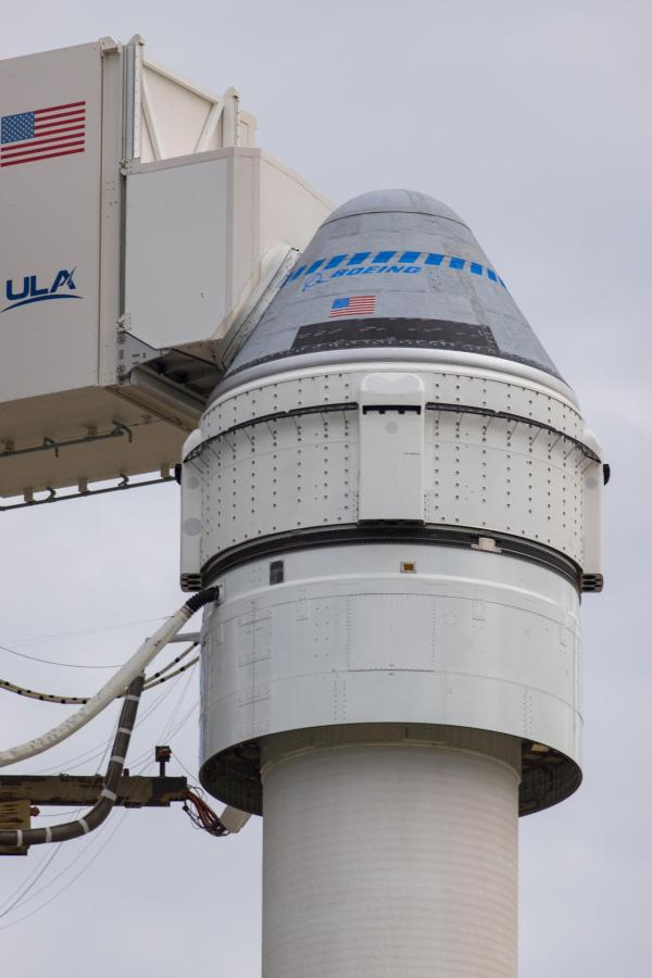 Boeing’s CST-100 Starliner spacecraft sits atop a United Launch Alliance Atlas V rocket on Cape Canaveral Space Force Station in Florida.