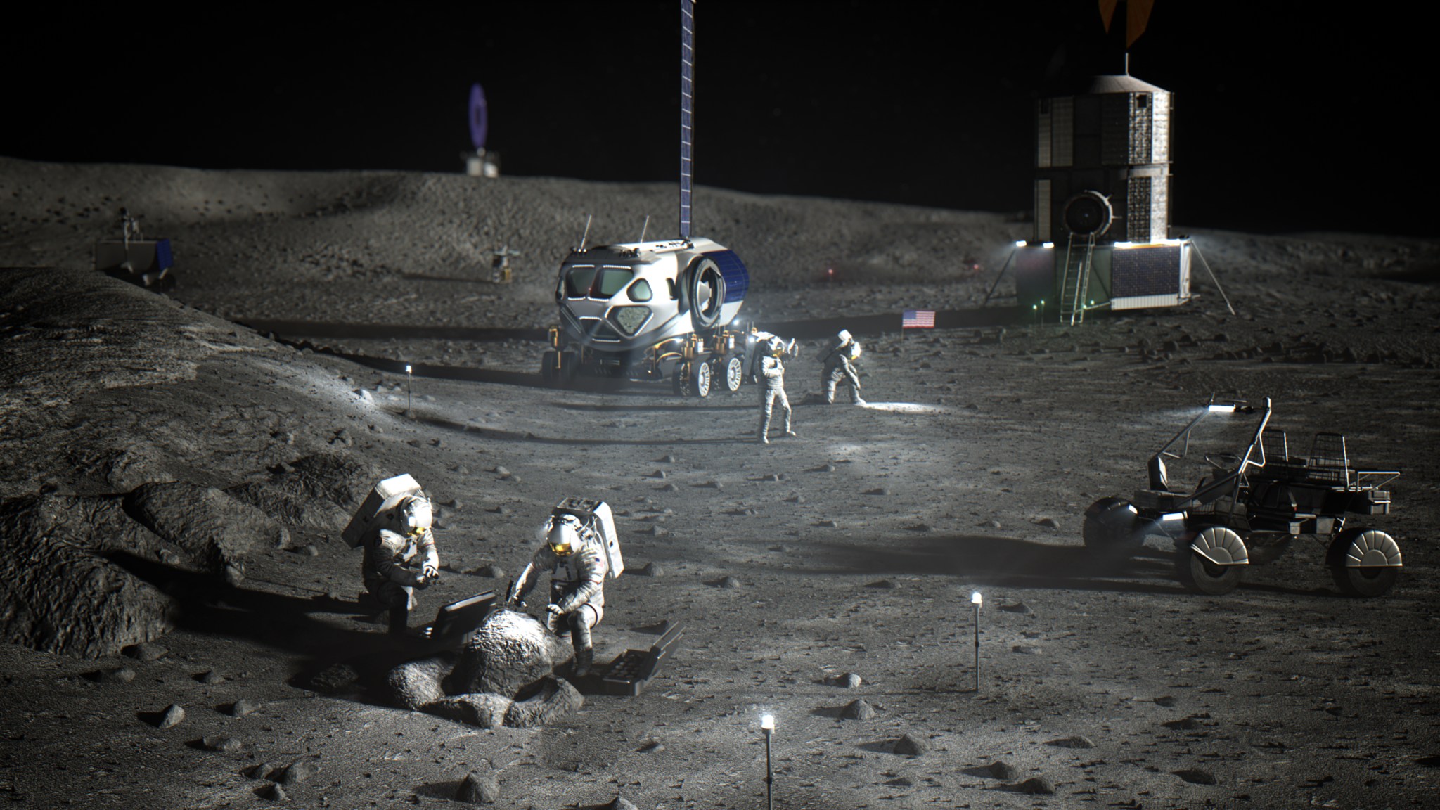 Illustration of astronauts working on the Moon.