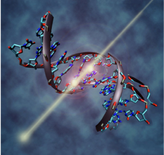 Conceptual graphic of a radiation particle causing a DNA DSB