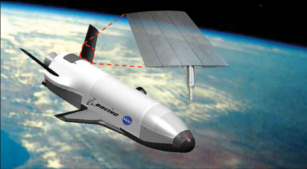 Artist rendering of a Boeing Shuttle over earth with emphasis on it's solar panel.