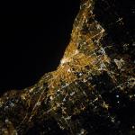 View of the night lights of Cleveland, Ohio in photo taken from the space station.