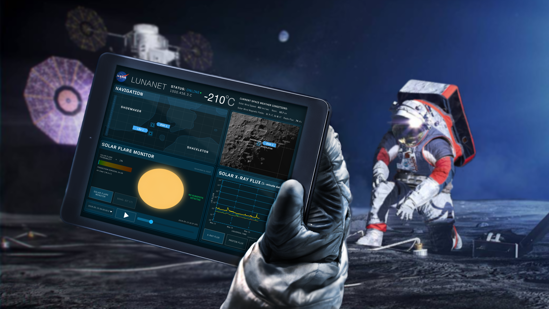 Graphic featuring LunaNet device and astronaut on the moon.