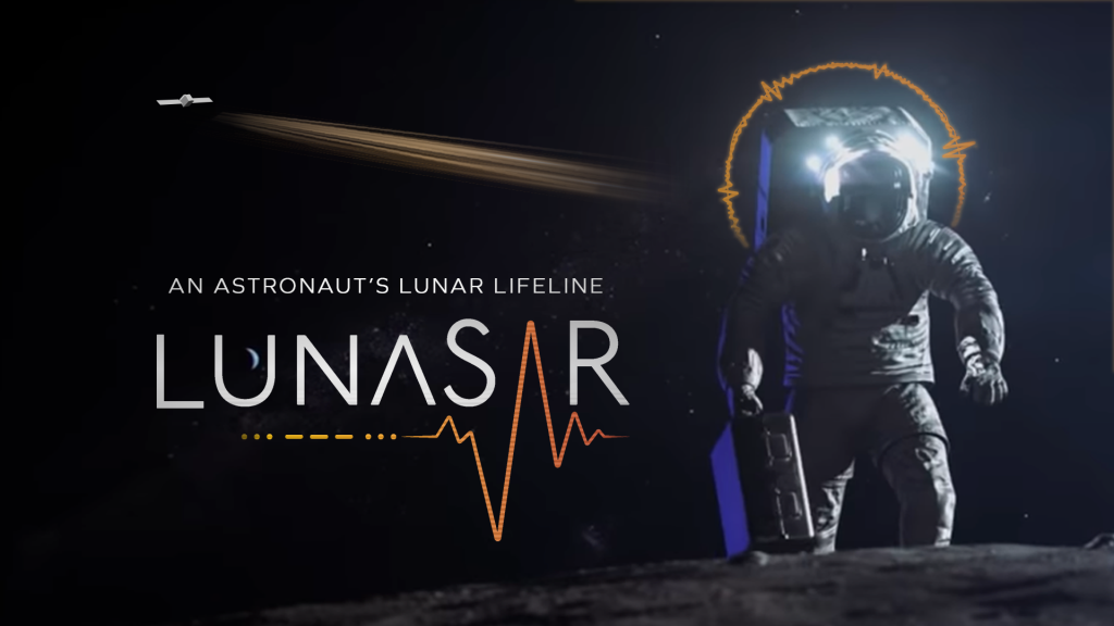 LunaSAR concept graphic featuring an astronaut surrounded by a halo of waveforms connected to a distance satellite. Text to the right of the astronaut reads "An Astronaut's Lunar Lifeline: LunaSAR."