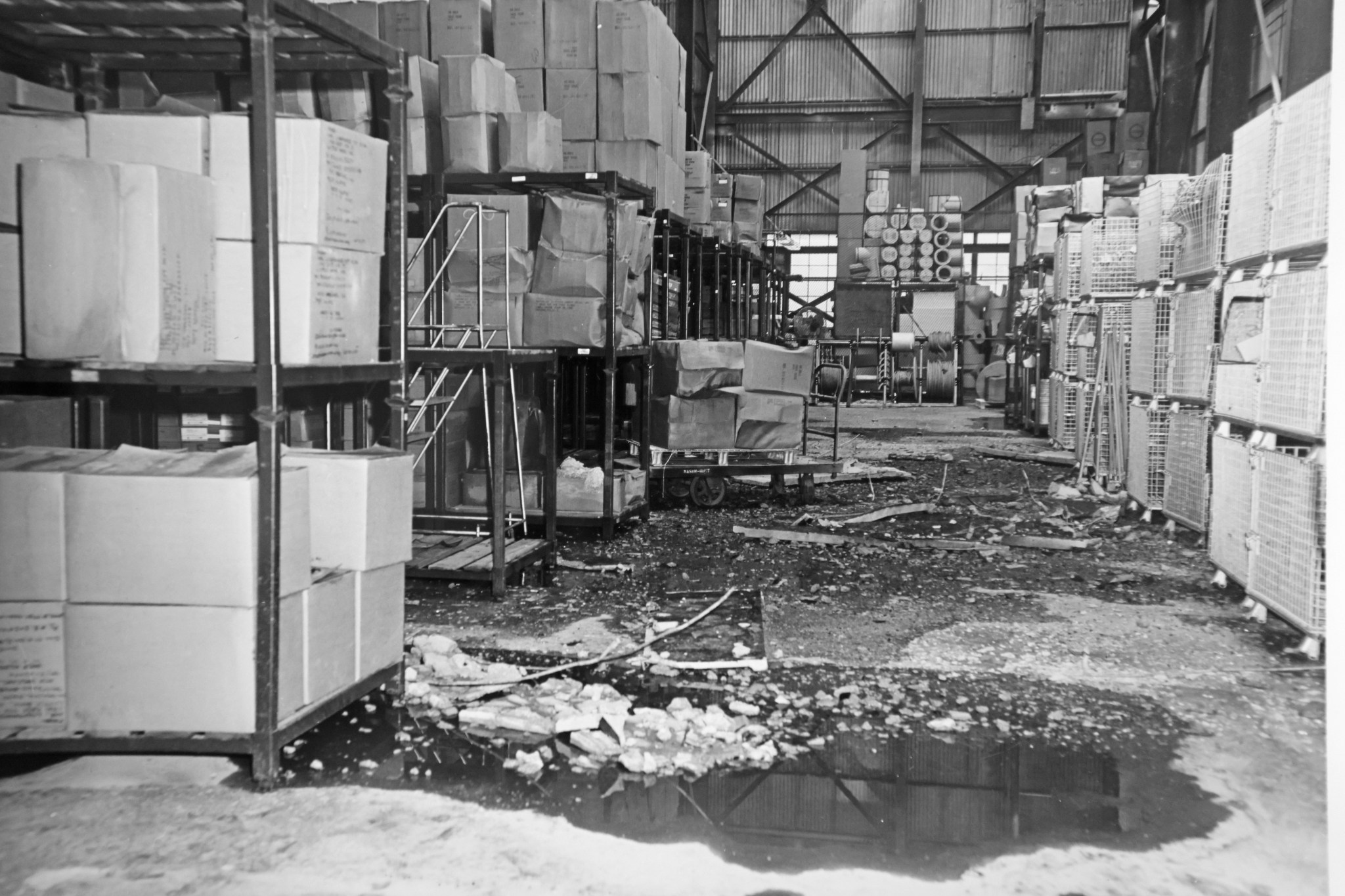 The interior of a Michoud building that was damaged by Hurricane Betsy. 