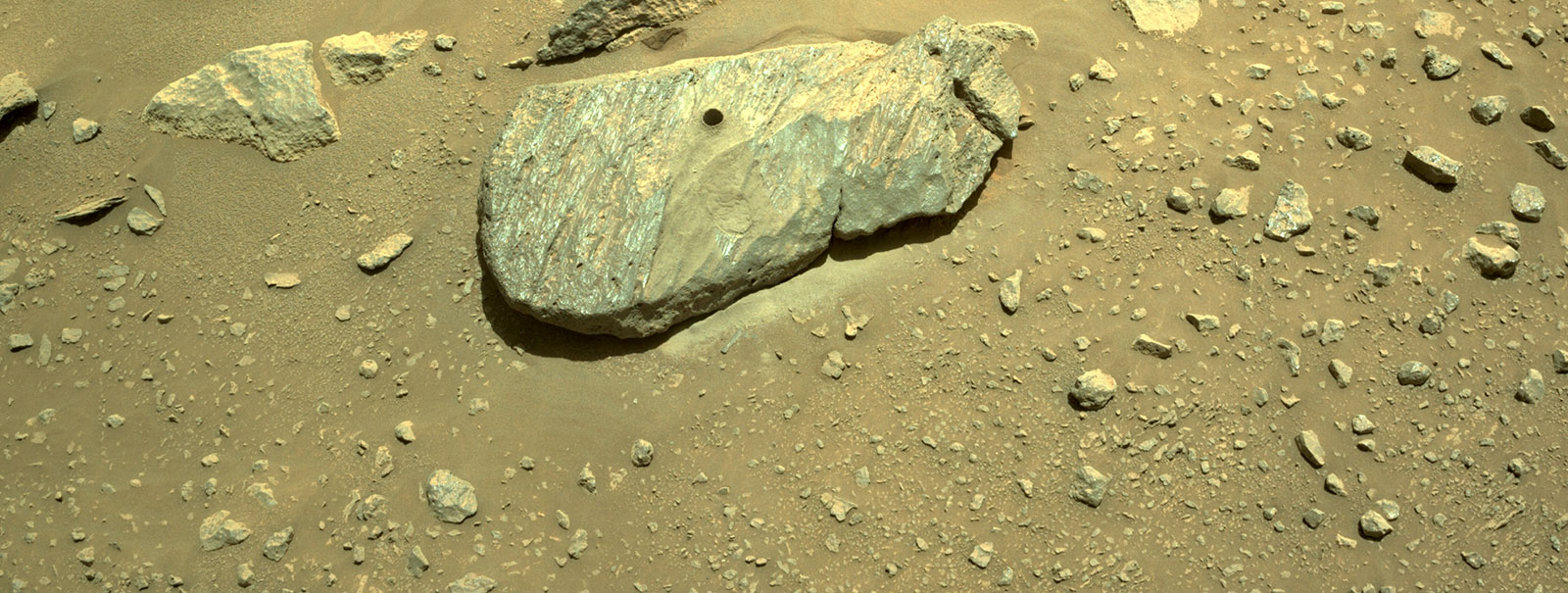 Mars rock with hole drilled by NASA's Perseverance rover.