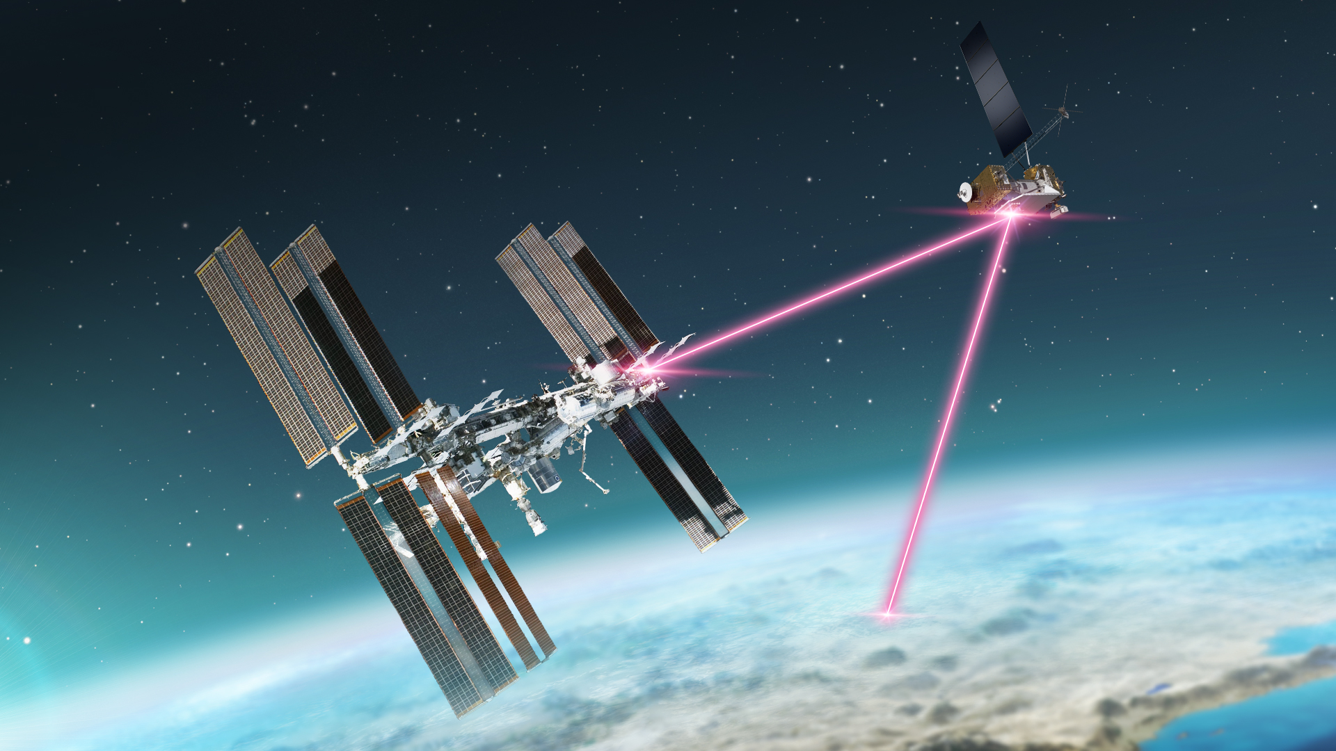 The International Space Station communicates with the Laser Communications Relay Demonstration in space via pink laser links. 