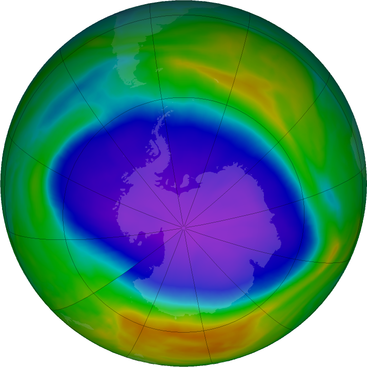 The 2021 Antarctic ozone hole reached its maximum area on October 7 and ranks 13th largest since 1979.