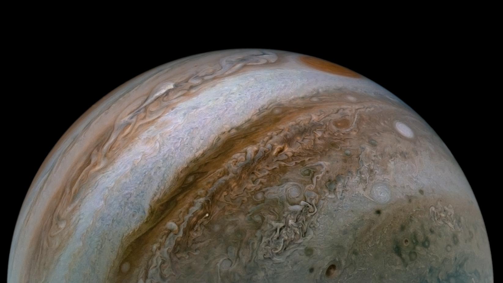 This view of Jupiter's turbulent atmosphere from NASA's Juno spacecraft includes several of the planet's southern jet streams.