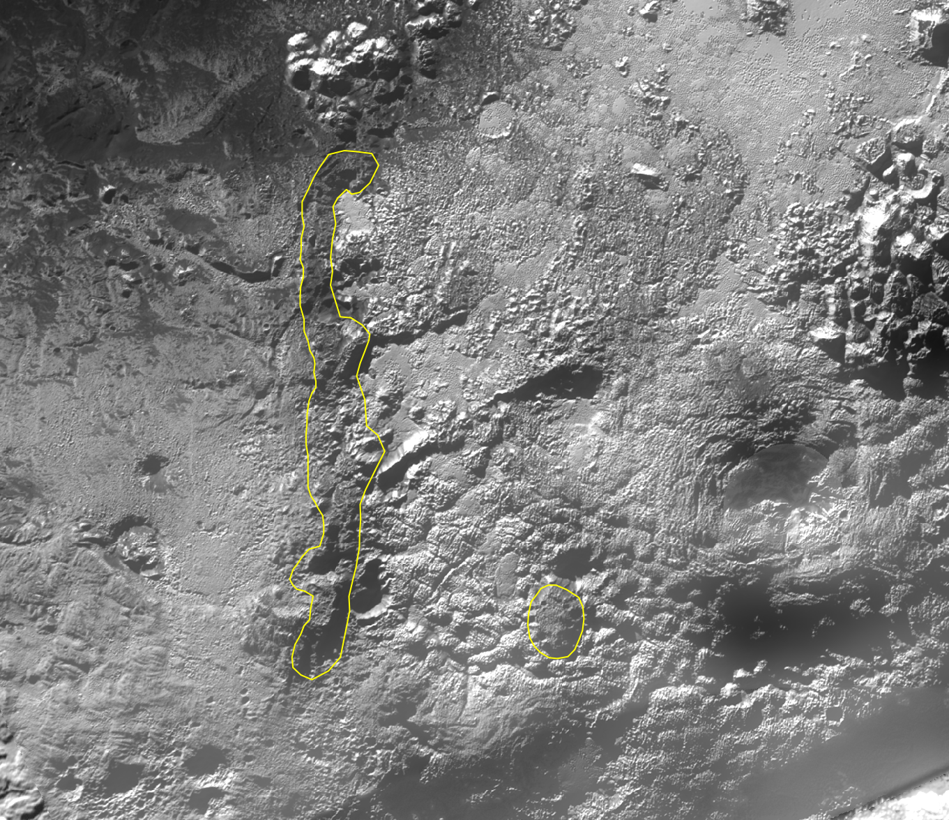 Close-up, outlines of Ride Rupes and Coleman Mons on the surface Pluto; 