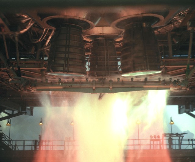 A close-up view of a space shuttle main propulsion test article (MPTA) hot fire on the B-2 Test Stand at Stennis Space Center.