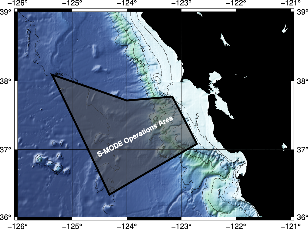 A map of the ocean floor topography off the coast of San Francisco, California, with black lines outlining the S-MODE study site.