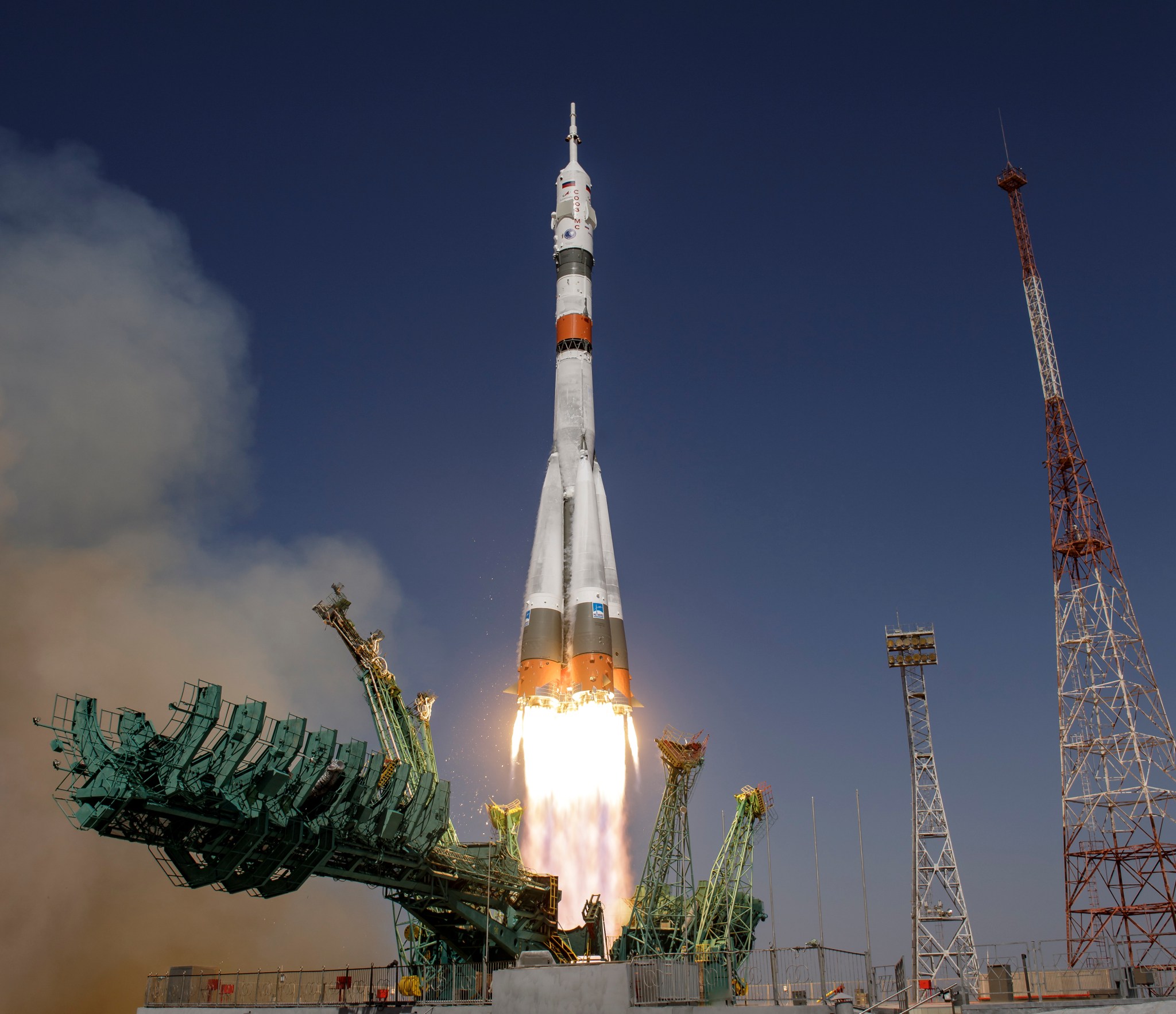 The Soyuz MS-18 rocket is launched April 9, 2021 at the Baikonur Cosmodrome in Kazakhstan.
