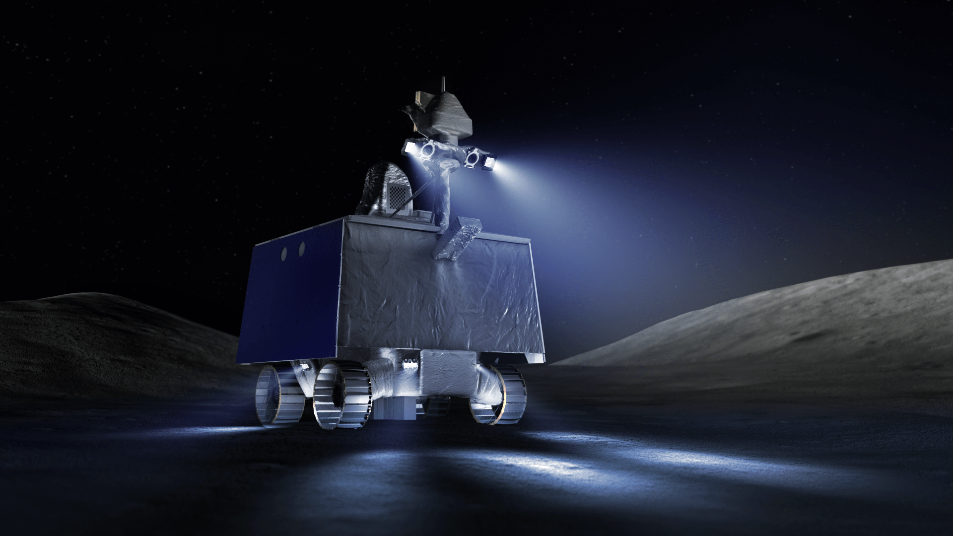 An illustration of NASA’s Volatiles Investigating Polar Exploration Rover, or VIPER, on the Moon, its blue lights illuminating the ground around it.