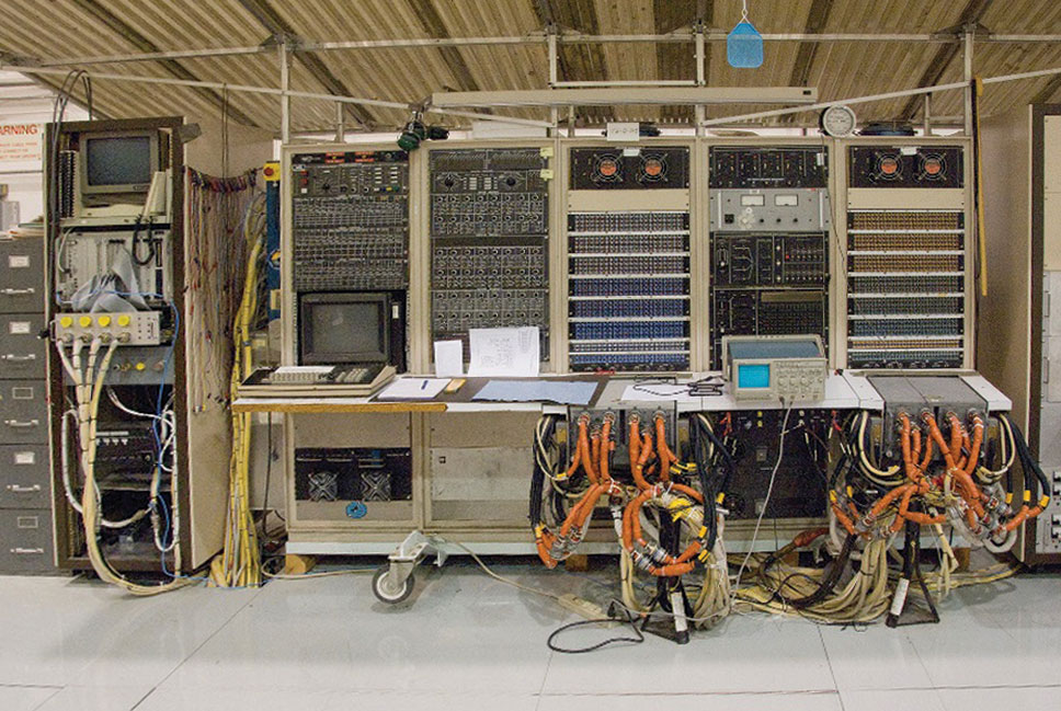 Bench with equipment and cables. 