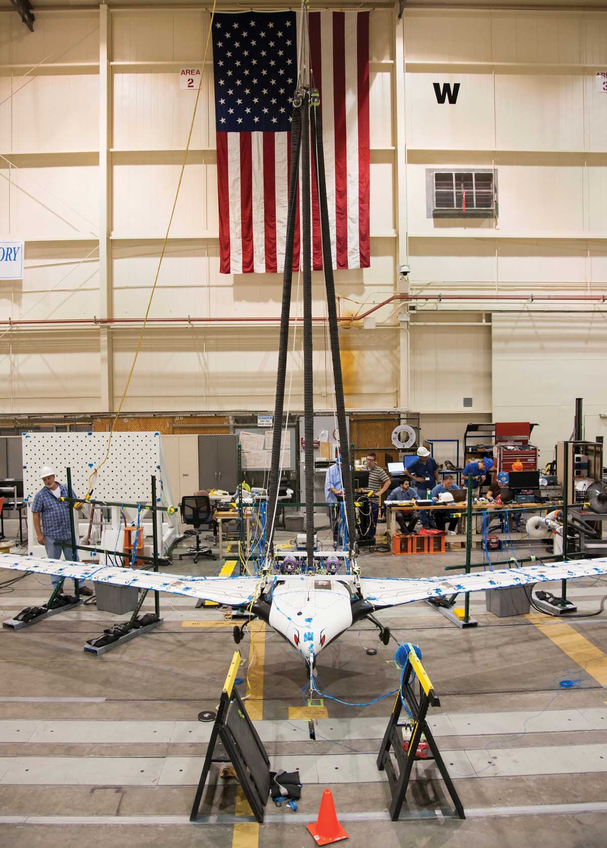 Front of the X-56A aircraft inside a hangar