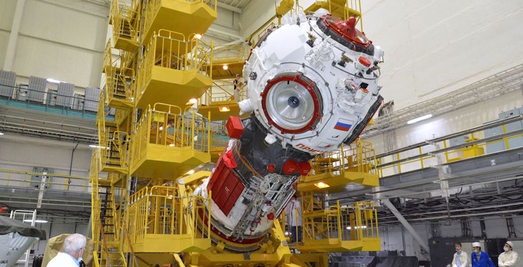The Russian Prichal Node Module and its attached Progress M-UM propulsion stage undergo final processing at the Baikonur Cosmodrome in Kazakhstan prior to its scheduled launch to the International Space Station Wednesday, Nov. 24.