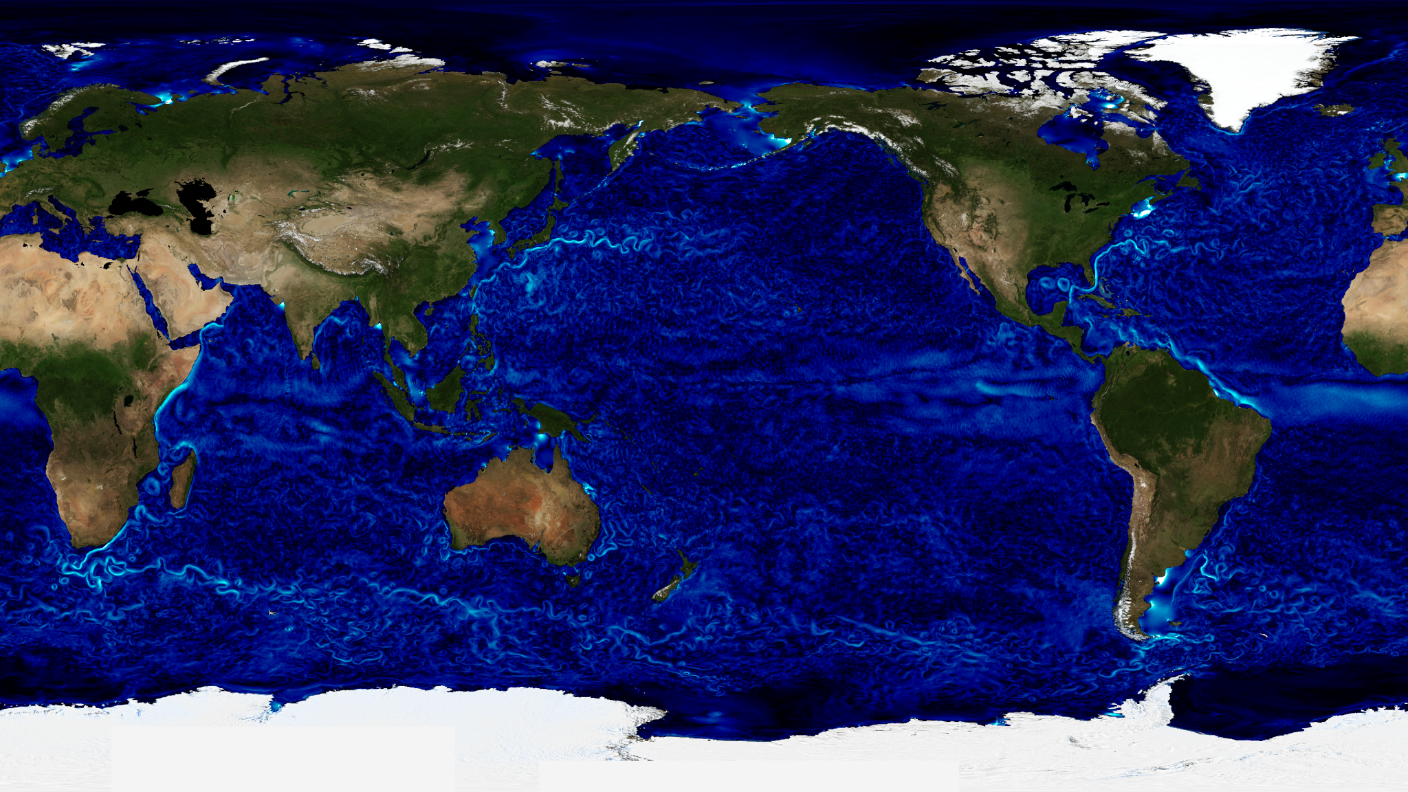 Snapshot of a simulation showing global sea surface speed and tides.