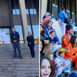 Left: Jody Singer at the kickoff of Artemis on the Square; right, more than 150 attendees don astronaut attire.