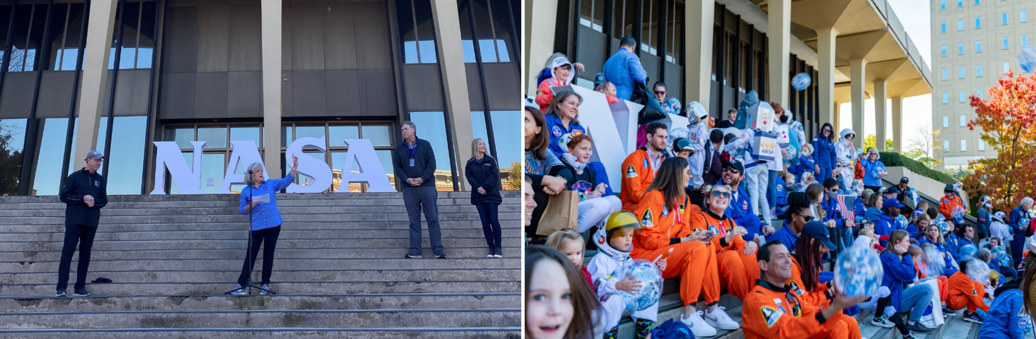 Left: Jody Singer at the kickoff of Artemis on the Square; right, more than 150 attendees don astronaut attire.