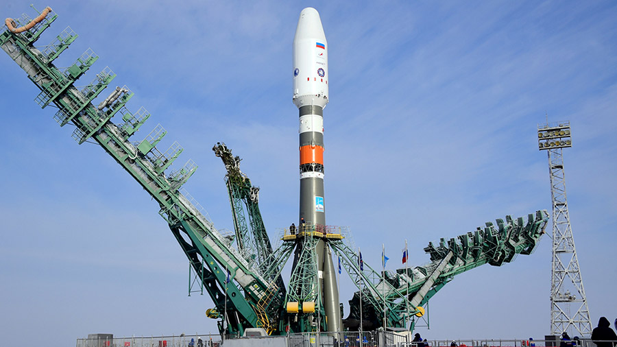 The Russian rocket with the Prichal docking module atop stands vertical at the Baikonur Cosmodrome launch pad in Kazakhstan. Credit: Roscosmos