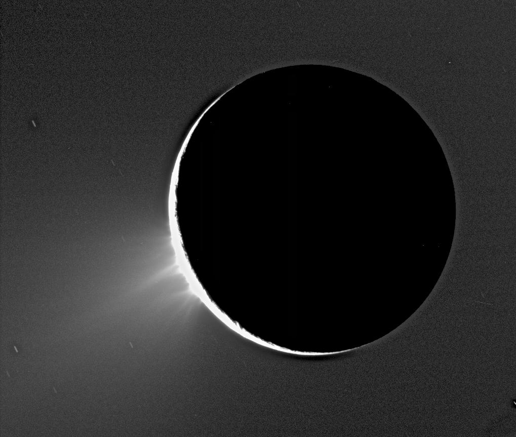 One of the first images of Enceladus’s plume taken by NASA’s Cassini spacecraft on Nov. 27, 2005.
