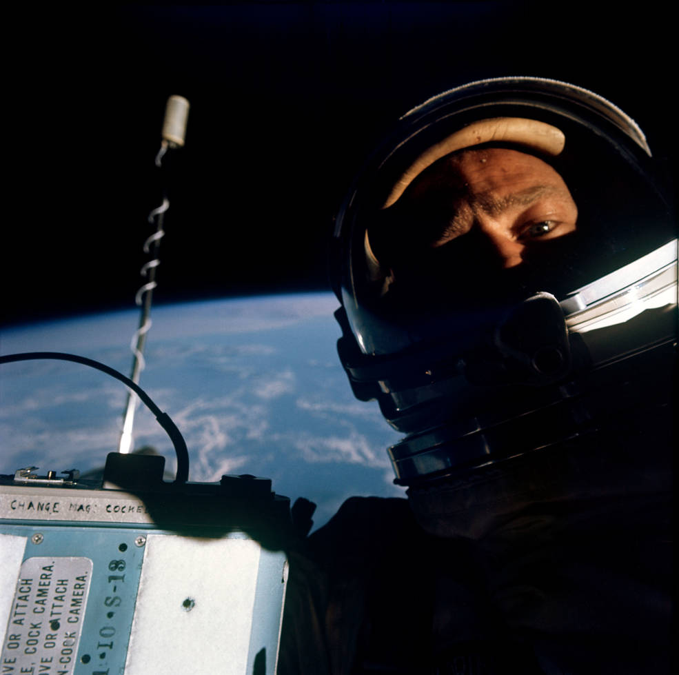 Selfie of Buzz Aldrin during his EVA. The Earth can be seen in the background.