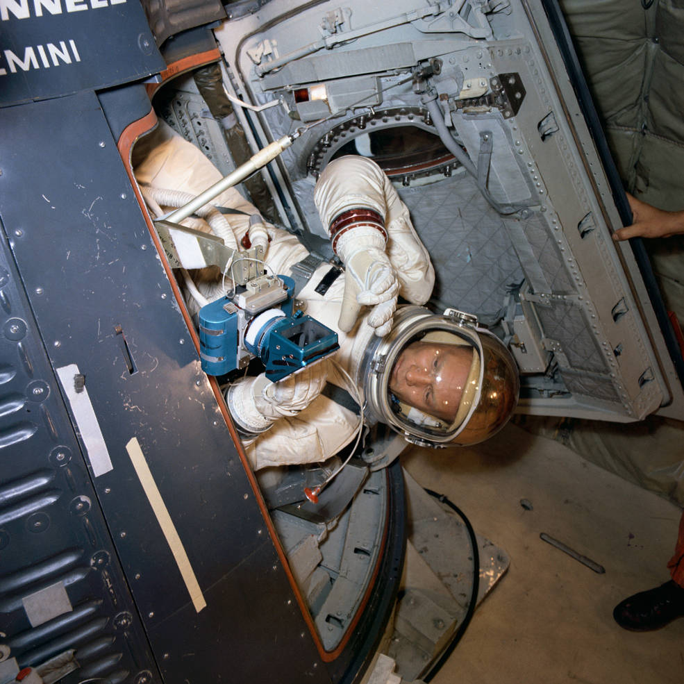 Gemini XII astronaut  Edwin E. “Buzz” Aldrin during his spacewalk training in a zero-g aircraft.