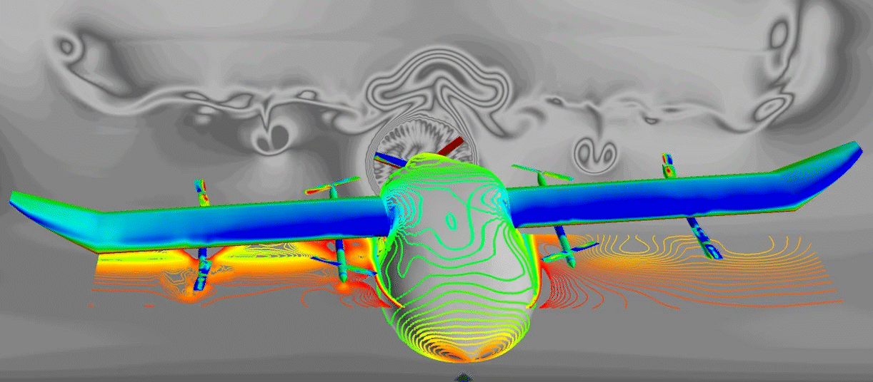 Video of a computer simulation of a fixed-wing aircraft tipping side to side, with colors indicating surface pressures and propeller rotation speed.
