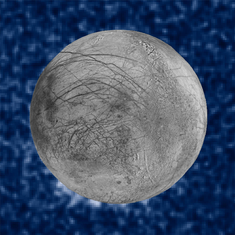 Composite image shows suspected plumes of water vapor erupting at the 7 o’clock position off the limb of Jupiter’s moon Europa.