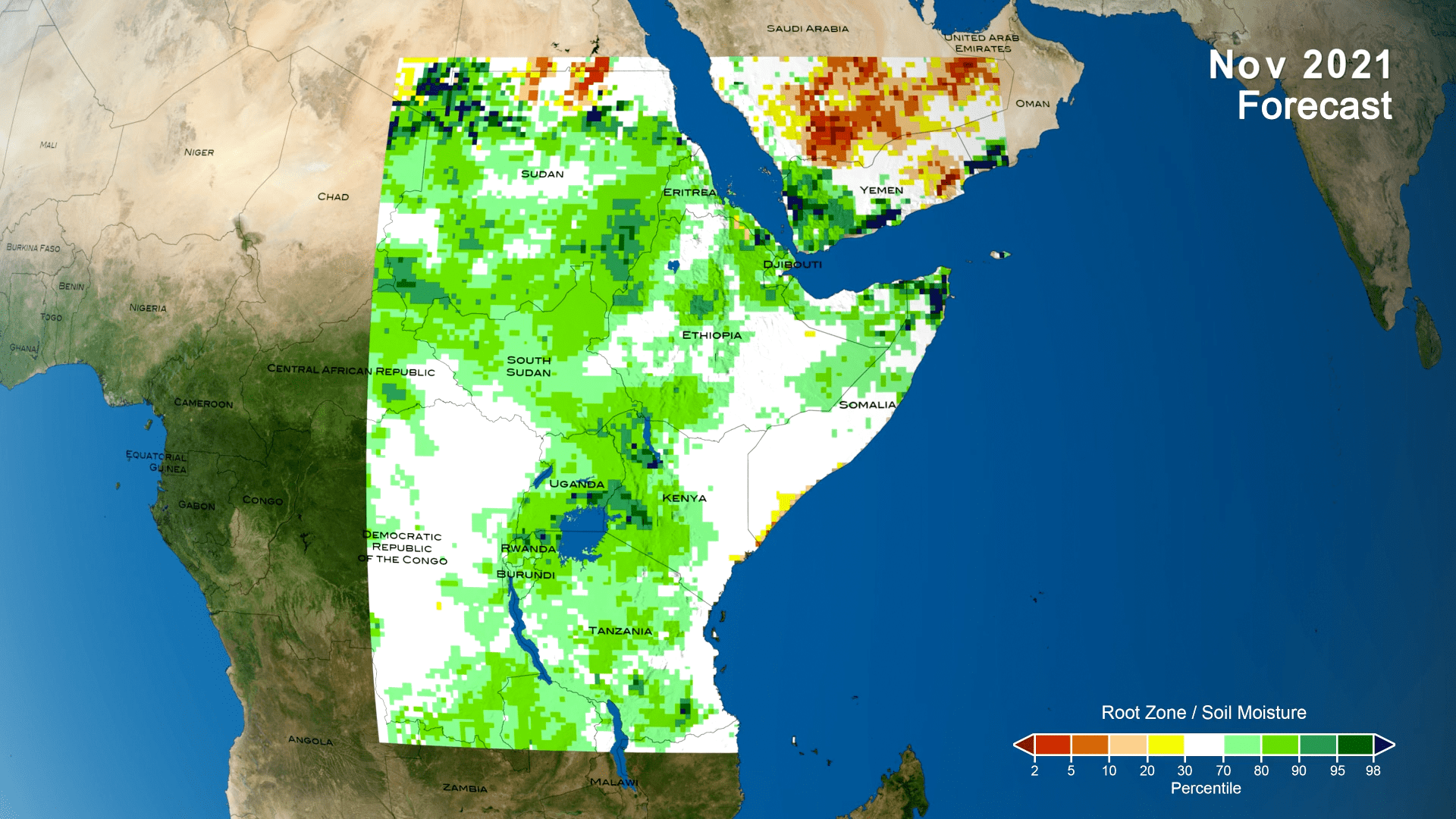 An illustration showing the drought potential over East Africa from the NASA Hydrological Forecast System and Analysis System.