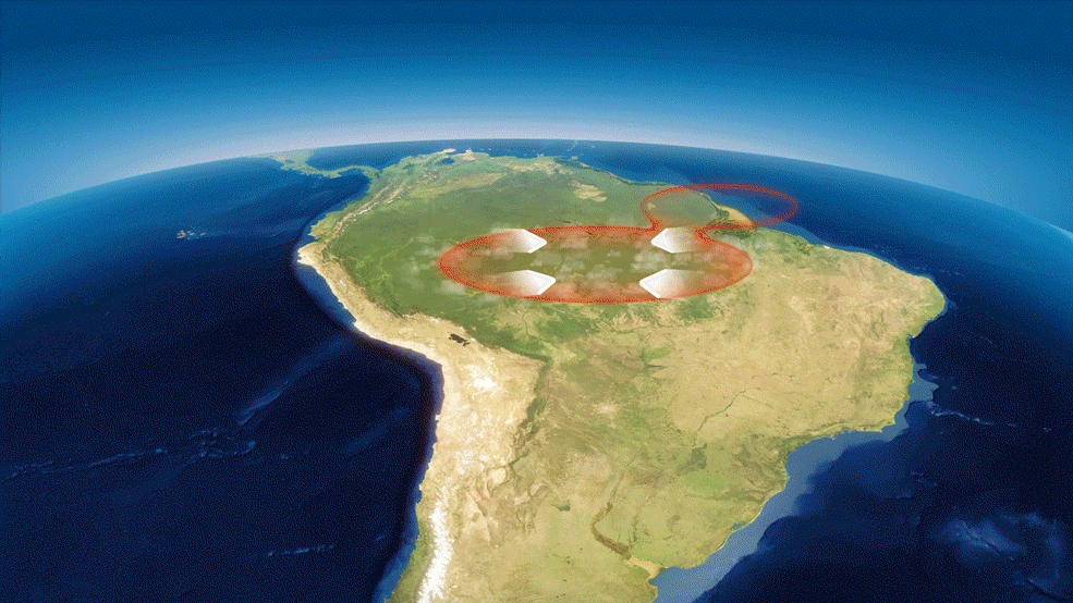 An animation shows South America transition from day to night. Clouds and winds alternate to create red blobs, representing tides.