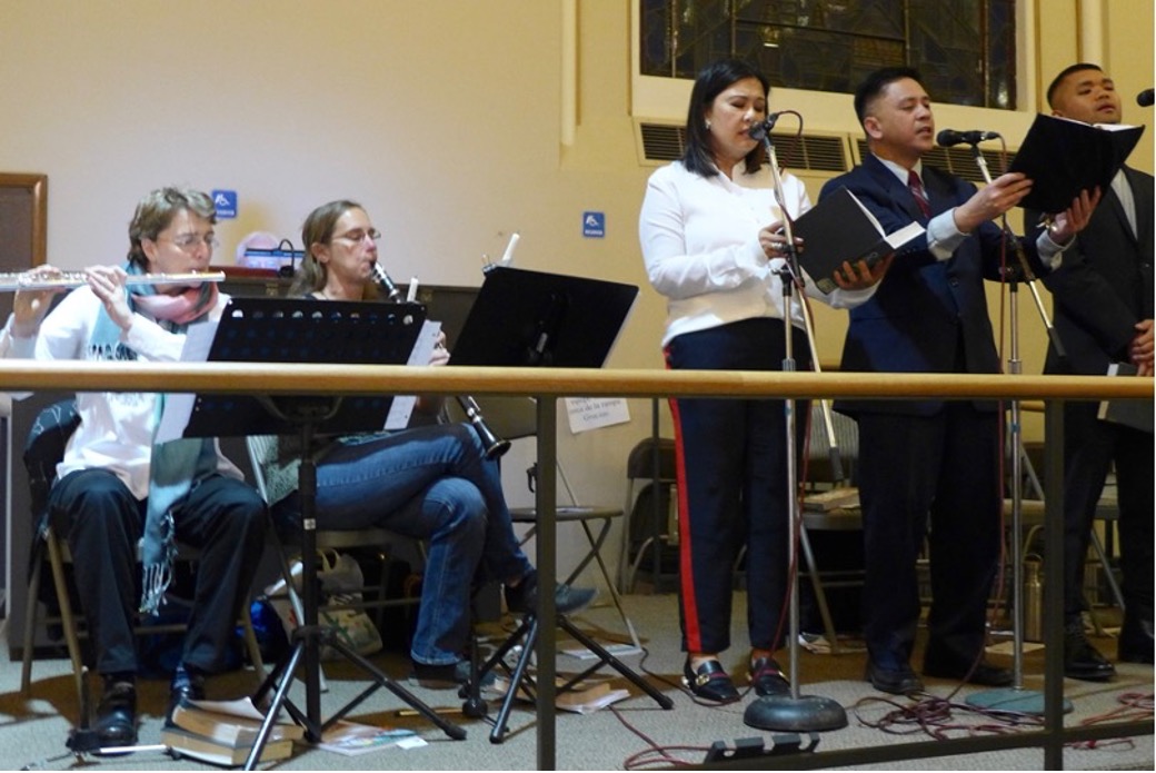 On far left, playing flute at St Joseph’s Church in Mountain View.