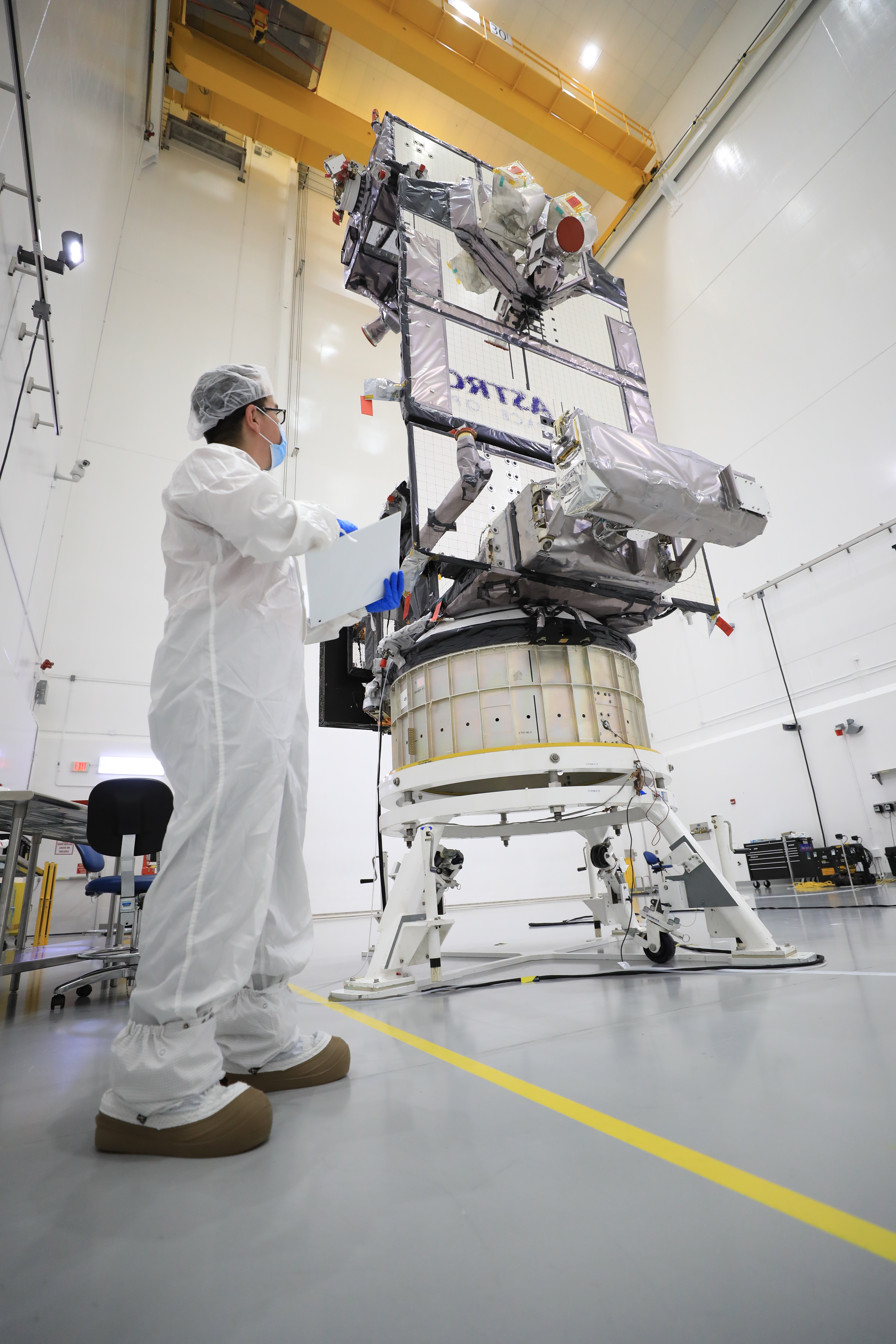 The Laser Communications Relay Demonstration undergoes final inspections at Astrotech Space Operations facility in Titusville, Florida.