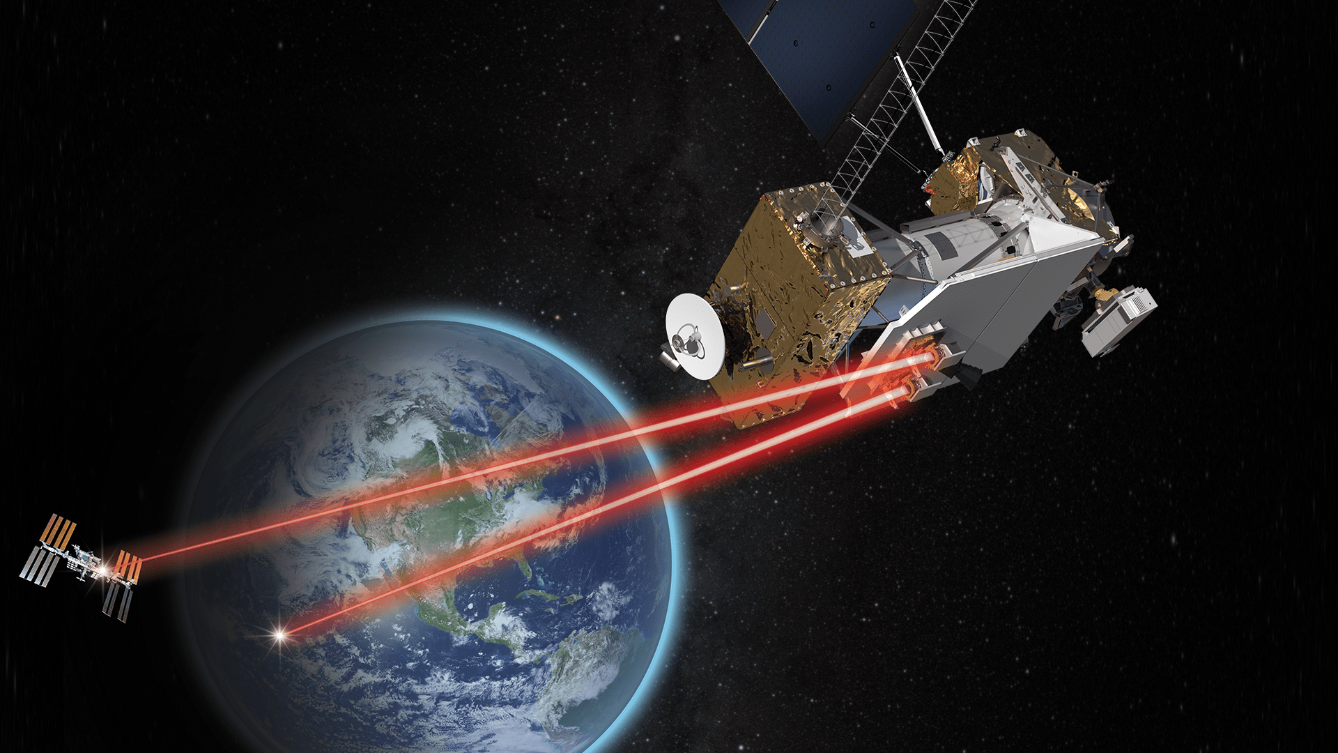 An artist illustration of NASA's Laser Communications Relay Demonstration (LCRD). It will fly as a payload on Space Test program Satellite-6, the primary spacecraft of the Space Test program 3 mission for the Department of Defense. 