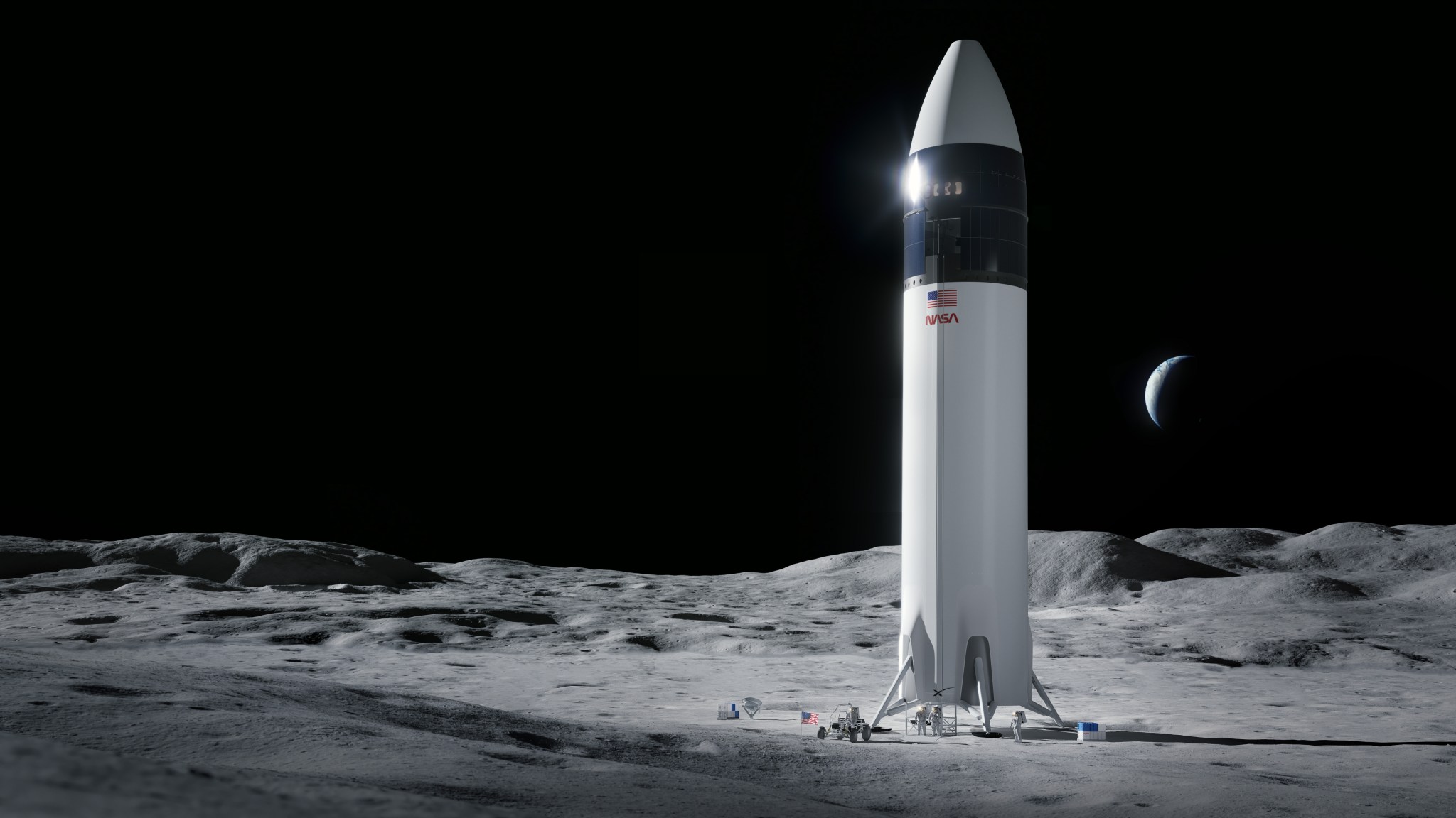 Illustration of SpaceX Starship human lander design that will carry the first NASA astronauts to the surface of the Moon under Artemis.