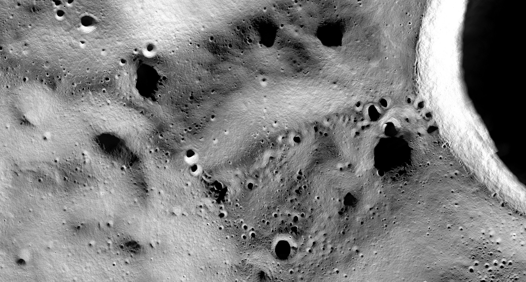 A data visualization showing the area near the lunar South Pole on a ridge not far from Shackleton - the large crater on the right - selected as the landing site for Intuitive Machines’ Nova-C lander.