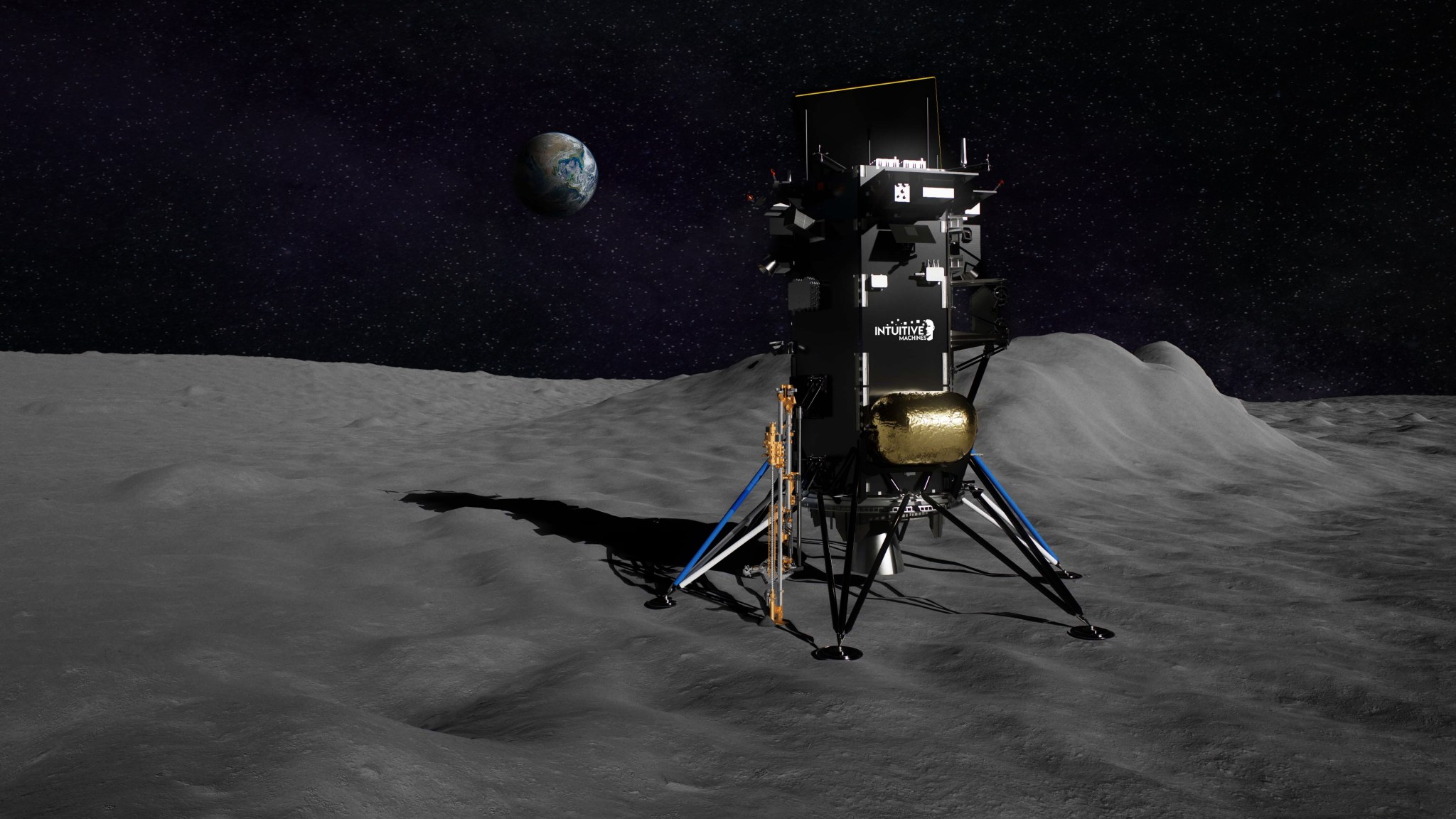 Illustration of Intuitive Machines’ Nova-C lander with a depiction of NASA’s the Polar Resources Ice-Mining Experiment-1 attached to the spacecraft on the surface of the Moon. 